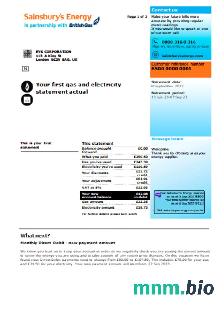 Rachunek za media biznesowe Sainsbury - Energy (British Gas), strona 1